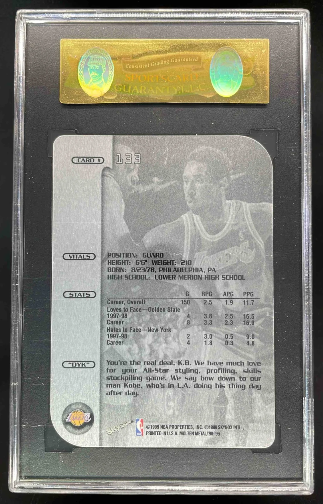 1998-99 Skybox x Molten Metal Xplosion #133 Kobe Bryant SGC 9 - Image 2
