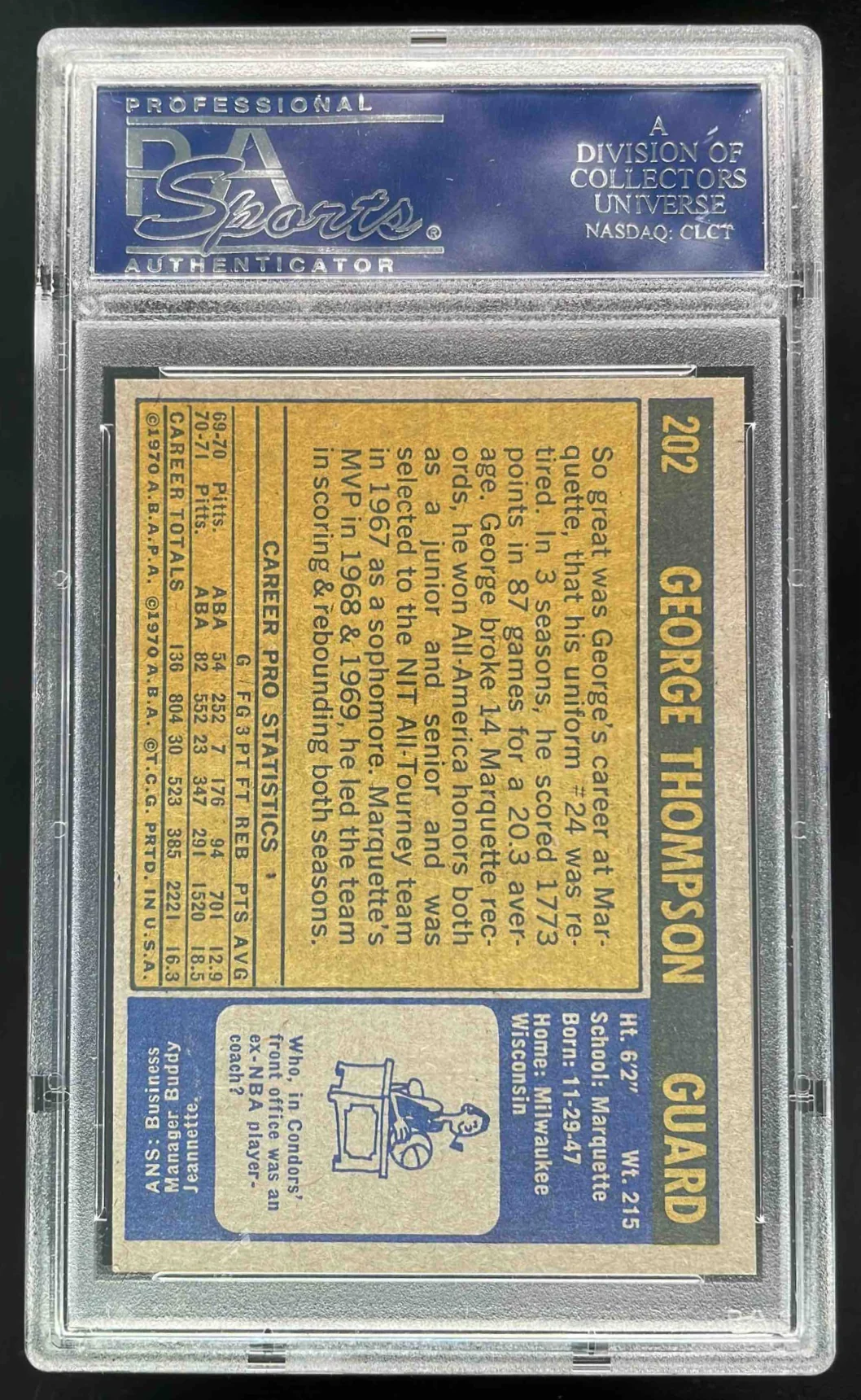 1971-72 Topps #202 George Thompson RC PSA 8 - Image 2