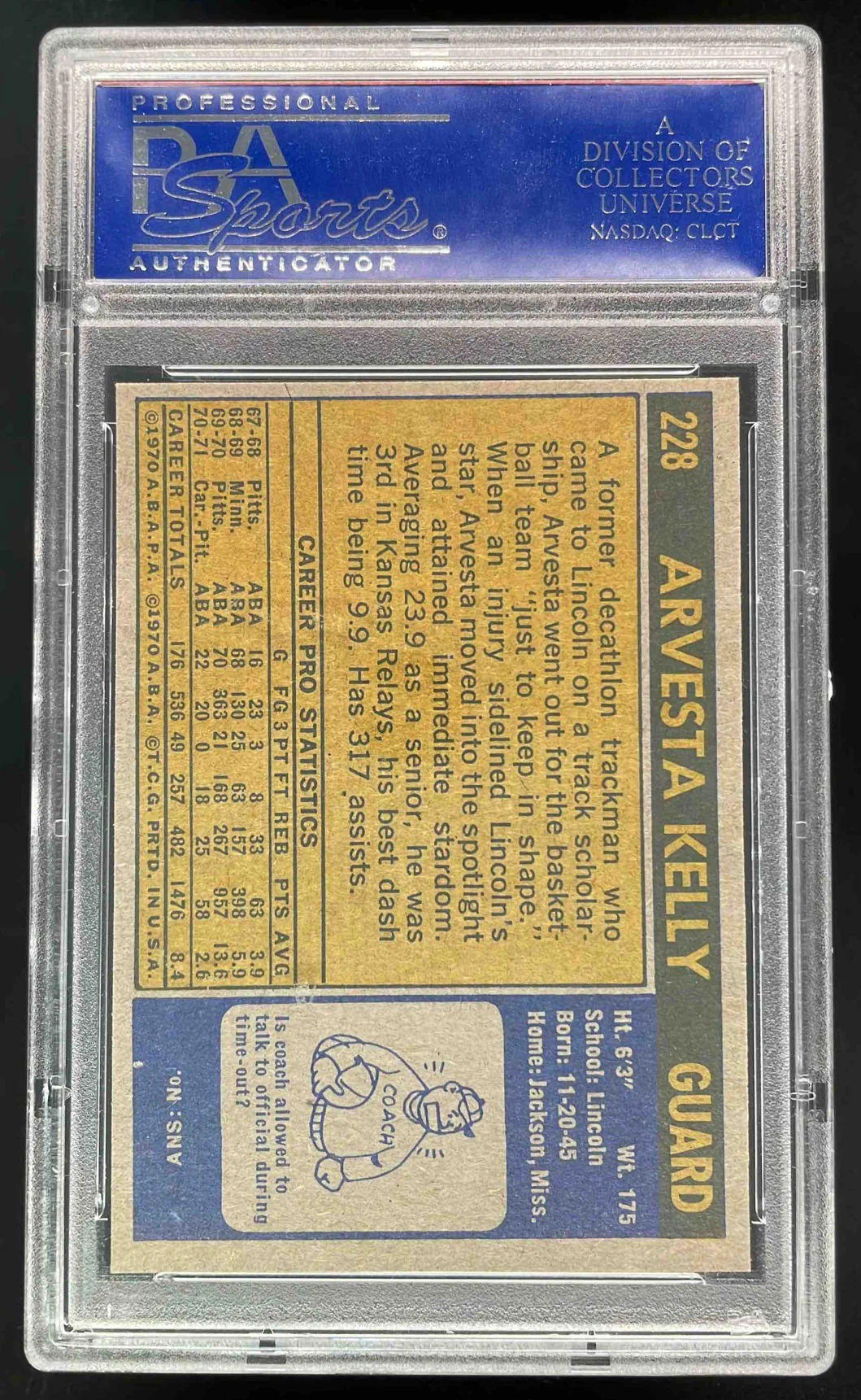 1971-72 Topps #228 Arvesta Kelly RC PSA 9 - Image 2