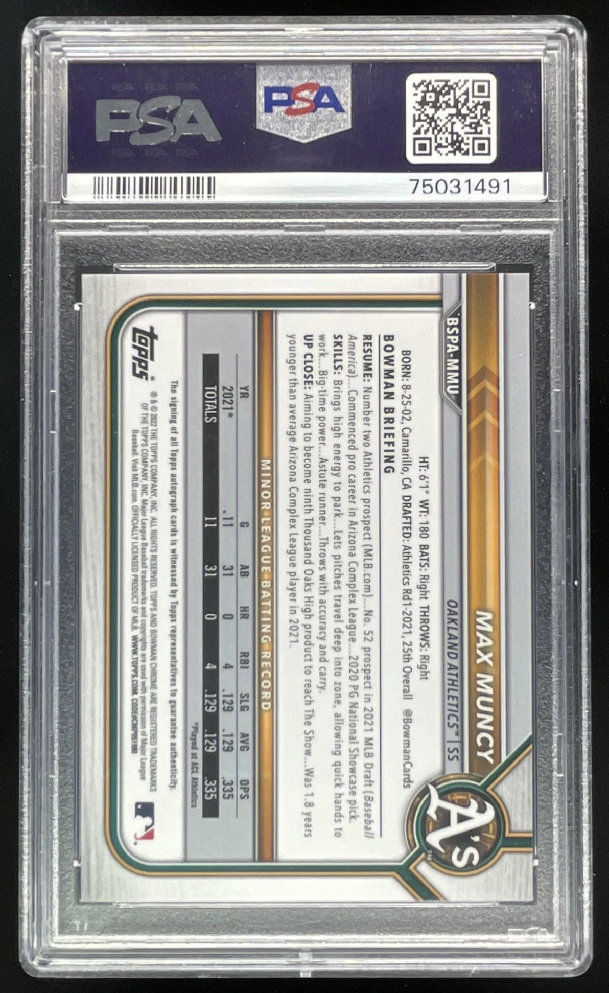 2022 Bowman Sapphire Chrome Purple #BSPA-MMU Max Muncy Auto /10 PSA 10 - Image 2