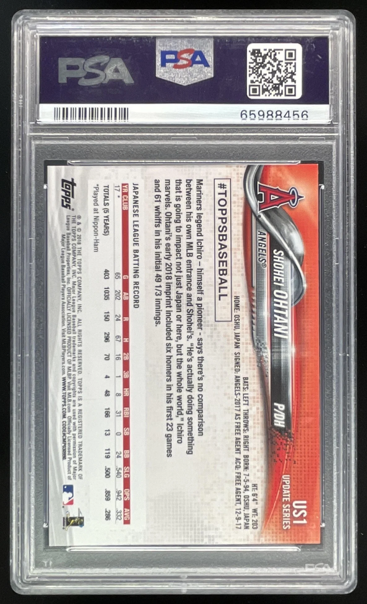 2018 Topps Update #US1a Shohei Ohtani RC PSA 10 - Image 2