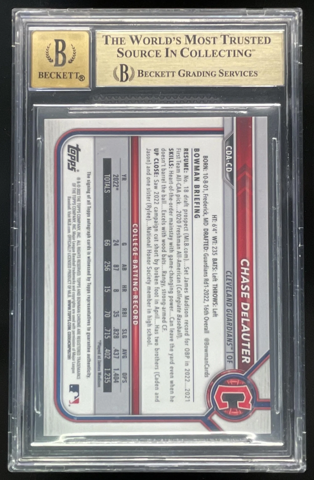 2022 Bowman Draft Chrome Pick Purple #CDACD Chase DeLauter RC Auto /250 BGS 9.5 - Image 2