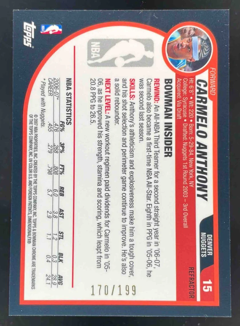 2007-08 Bowman Chrome Black Refractor #15 Carmelo Anthony /199 - Image 2
