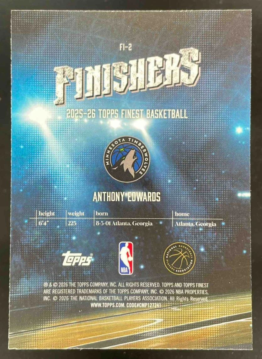 2025-26 Topps Finest Finishers Purple Refractor #FI-2 Anthony Edwards /125 - Image 2