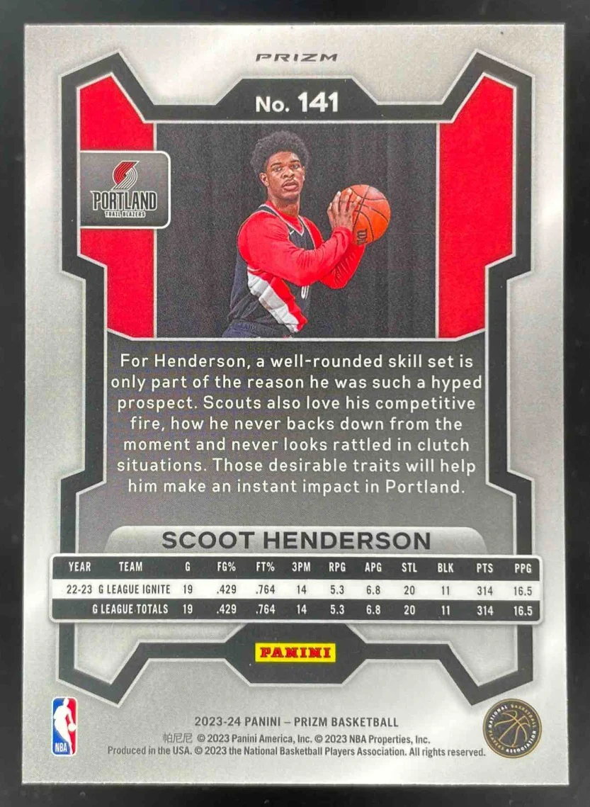 2023-24 Panini Prizm Prizms Red Sparkle #141 Scoot Henderson RC - Image 2