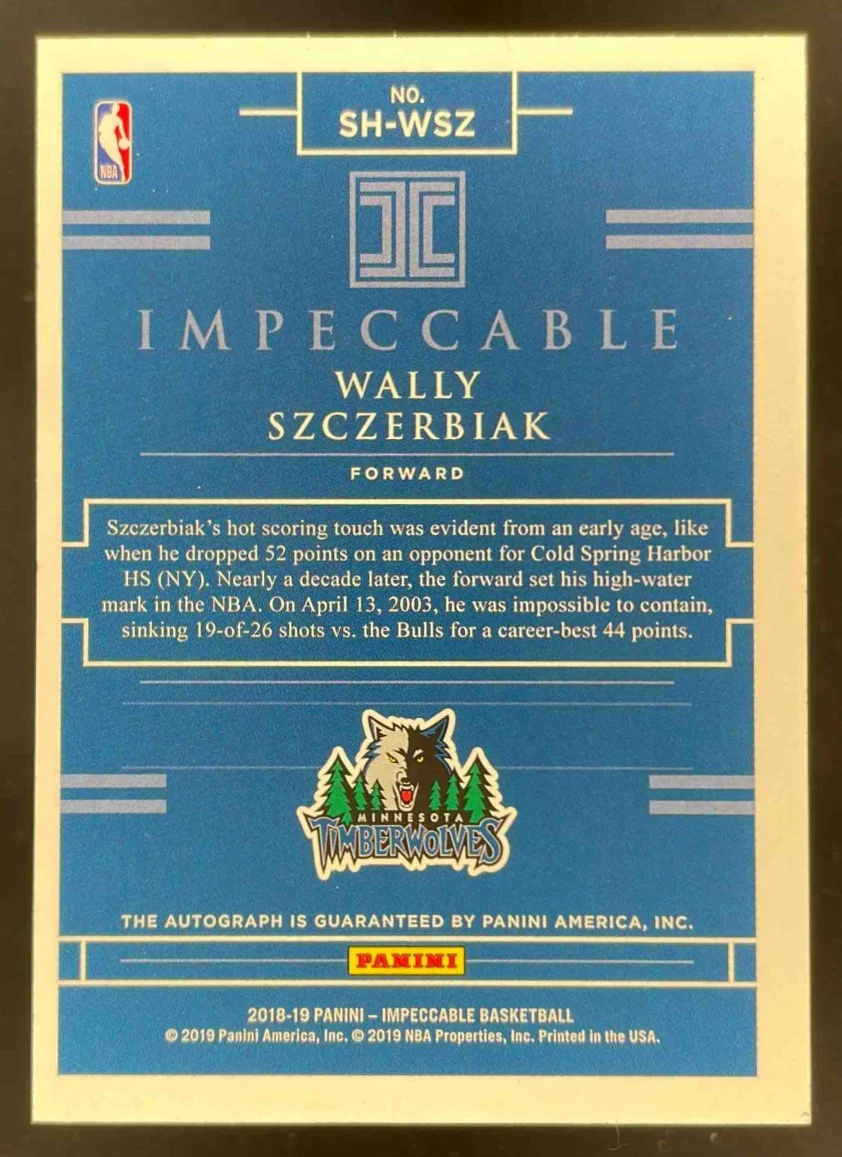 2018-19 Panini Impeccable Shots Signatures #SH-WSZ Wally Szczerbiak Auto /99 - Image 2
