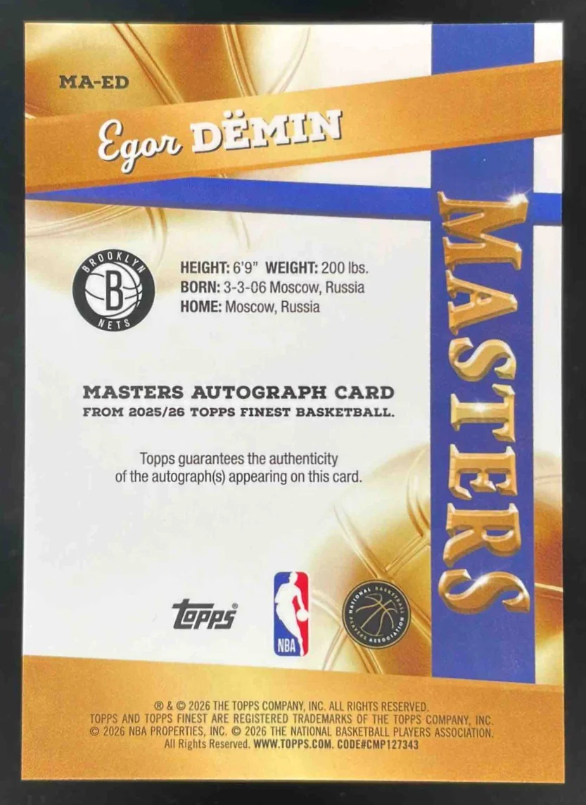 2025-26 Topps Finest Masters Gold #MA-ED Egor Demin RC Auto /50 - Image 2