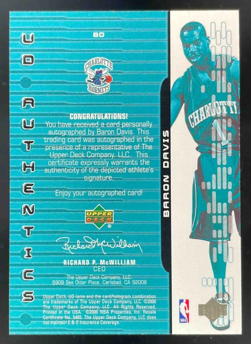 1999-00 Upper Deck Ionix UD Authentics #BD Baron Davis RC Auto - Image 2