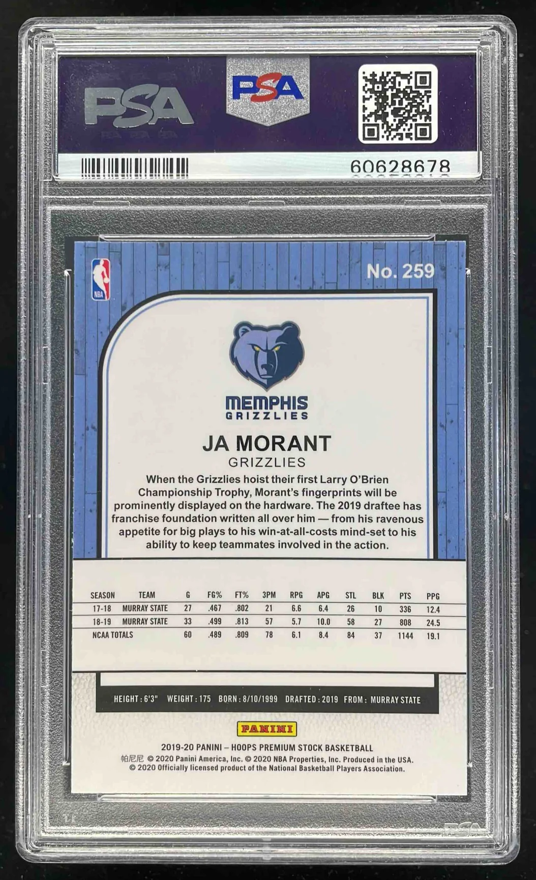 2019-20 Panini Hoops Premium Stock #259 Ja Morant RC PSA 9 - Image 2