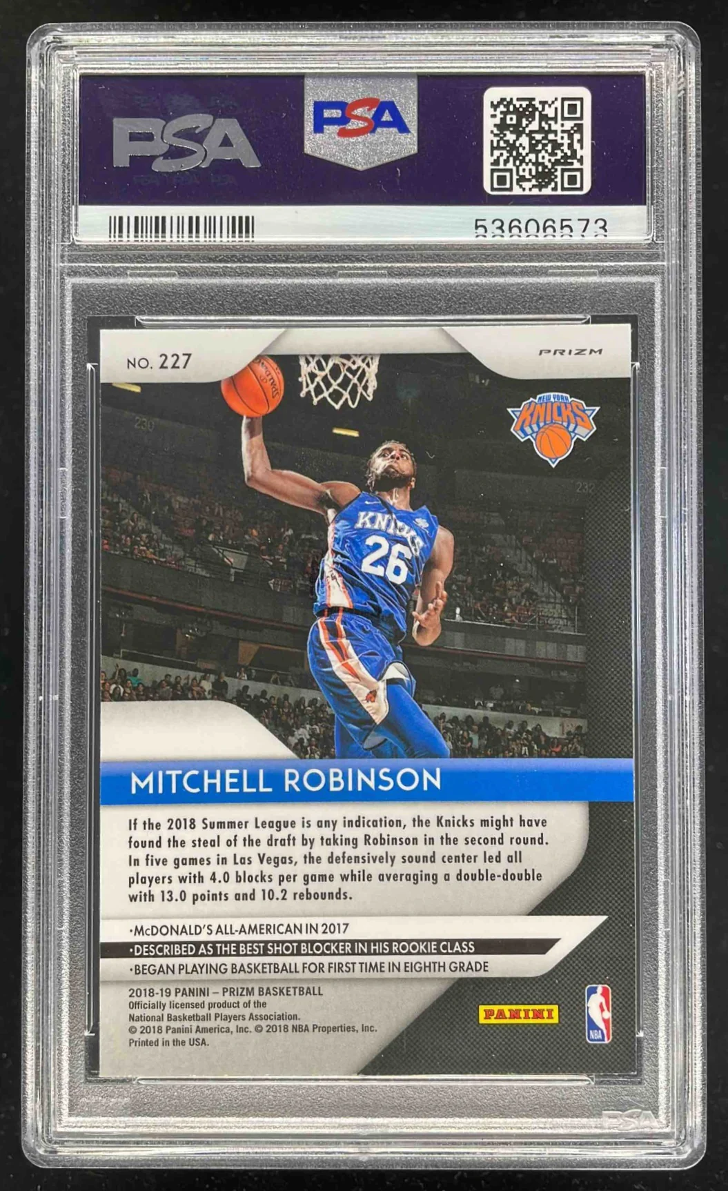 2018-19 Panini Prizm Prizms Silver #227 Mitchell Robinson RC PSA 10 - Image 2