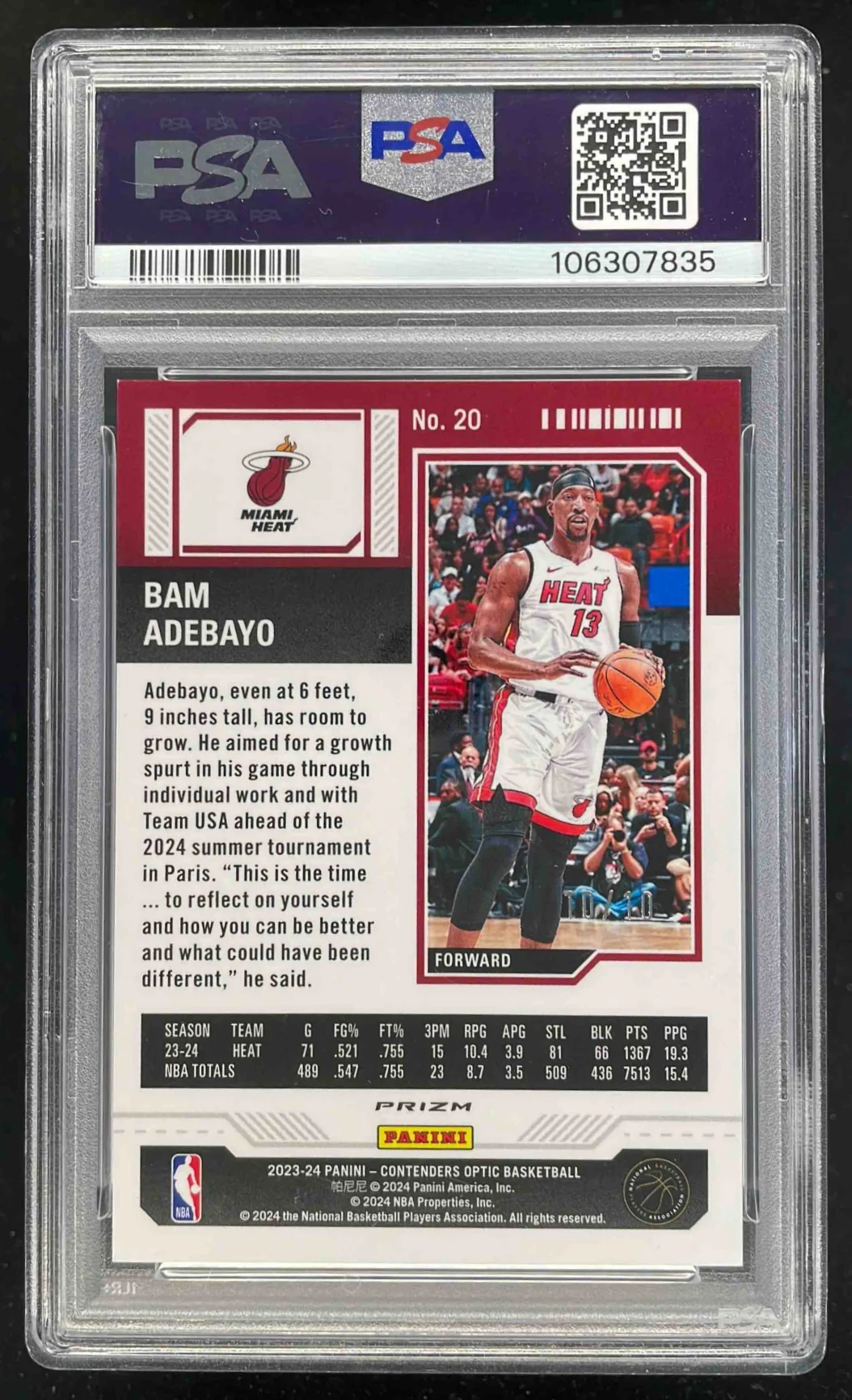 2023-24 Panini Contenders Optic Season Ticket Gold #20 Bam Adebayo /10 PSA 8 - Image 2