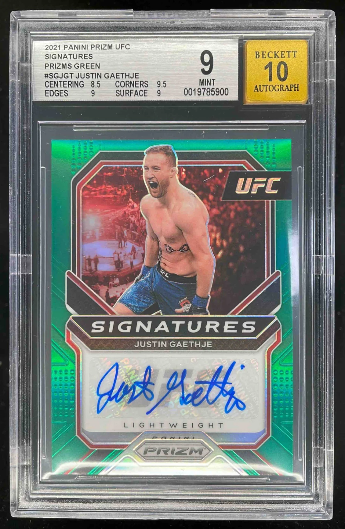 2021 Panini Prizm UFC Signatures Green Prizms #SG-JGT Justin Gaethje Auto BGS 9