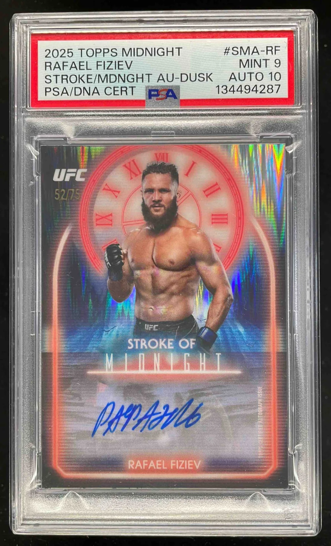 2025 Topps UFC Midnight Stroke of Midnight Dusk Rafael Fiziev Auto /75 PSA 9