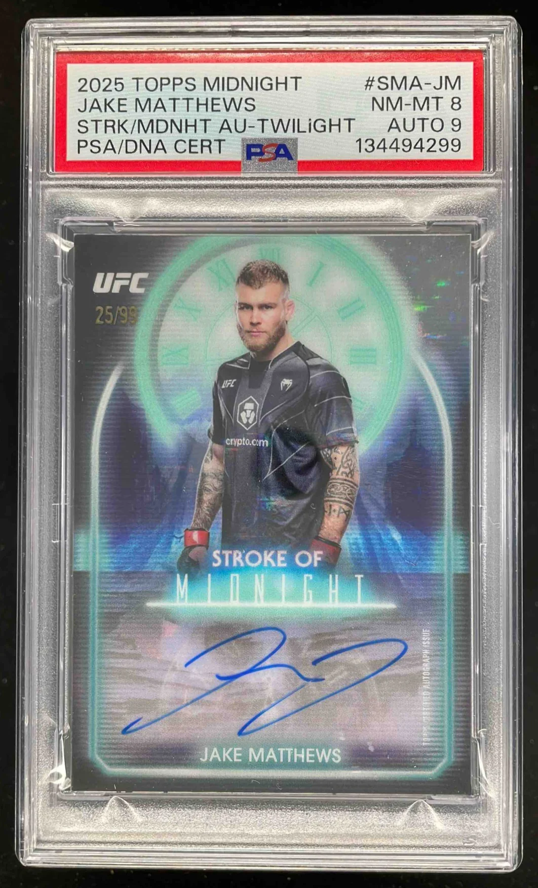 2025 Topps UFC Midnight Stroke of Midnight Twilight Jake Matthews Auto /99 PSA 8