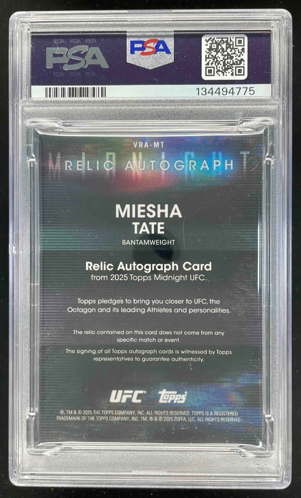 2025 Topps UFC Midnight Relic Autographs Dusk #VRA-MT Miesha Tate Auto /75 PSA 8 - Image 2