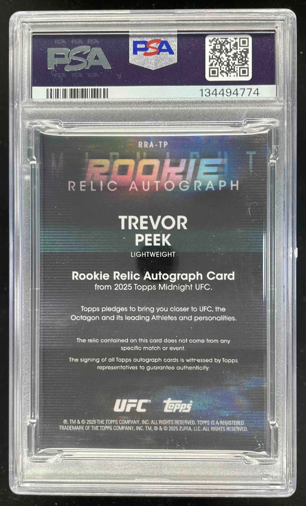 2025 Topps UFC Midnight Relic Dusk #RRA-TP Trevor Peek RC Auto /75 PSA 8 - Image 2