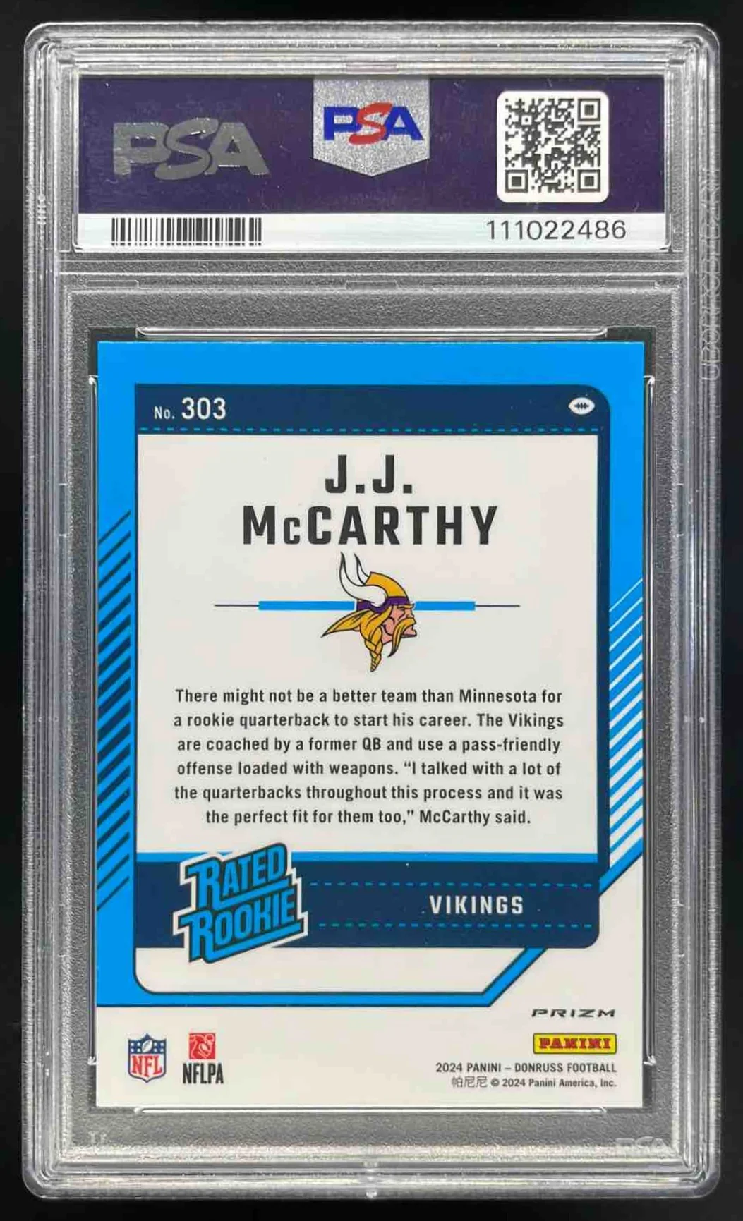 2024 Donruss Optic Rookies Preview Holo #303 J.J. McCarthy RC PSA 10 - Image 2