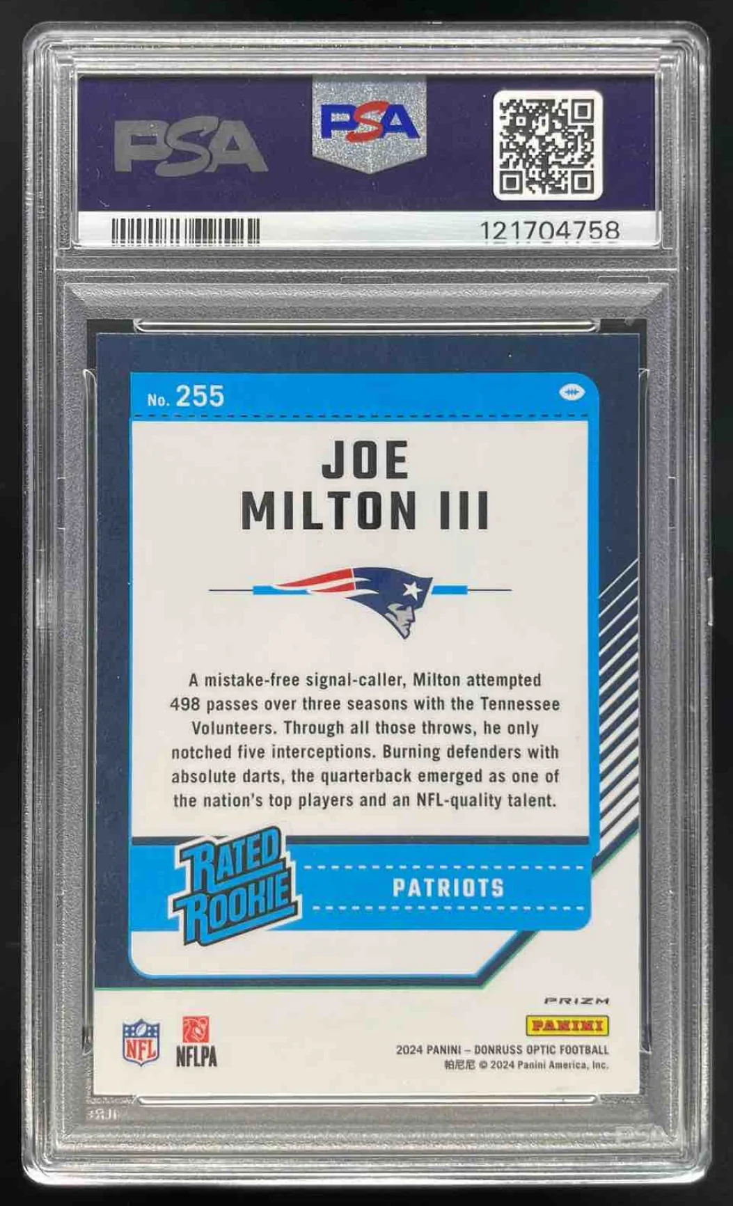 2024 Panini Donruss Optic Holo #255 Joe Milton III Rated Rookie PSA 8 - Image 2