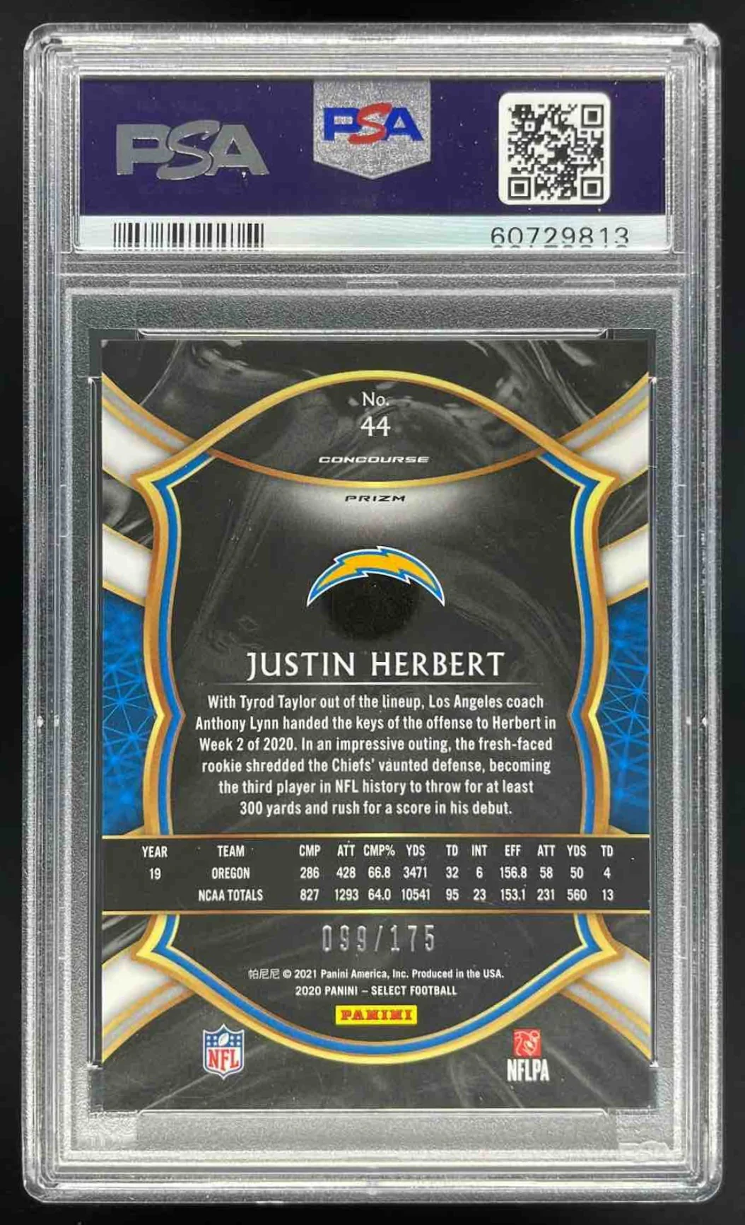 2020 Panini Select Blue Prizm #44 Justin Herbert RC Concourse /175 PSA 9 - Image 2