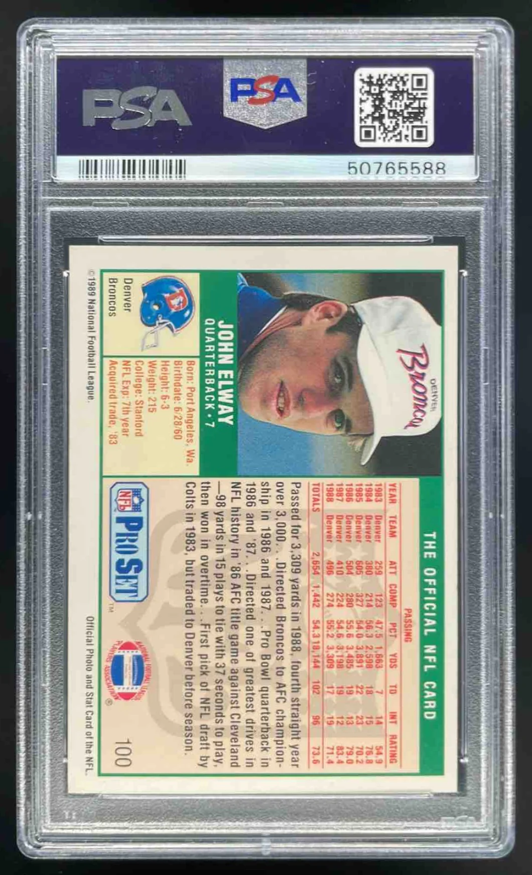 1989 Pro Set #100 John Elway Correct Acquired Trade PSA 9 - Image 2