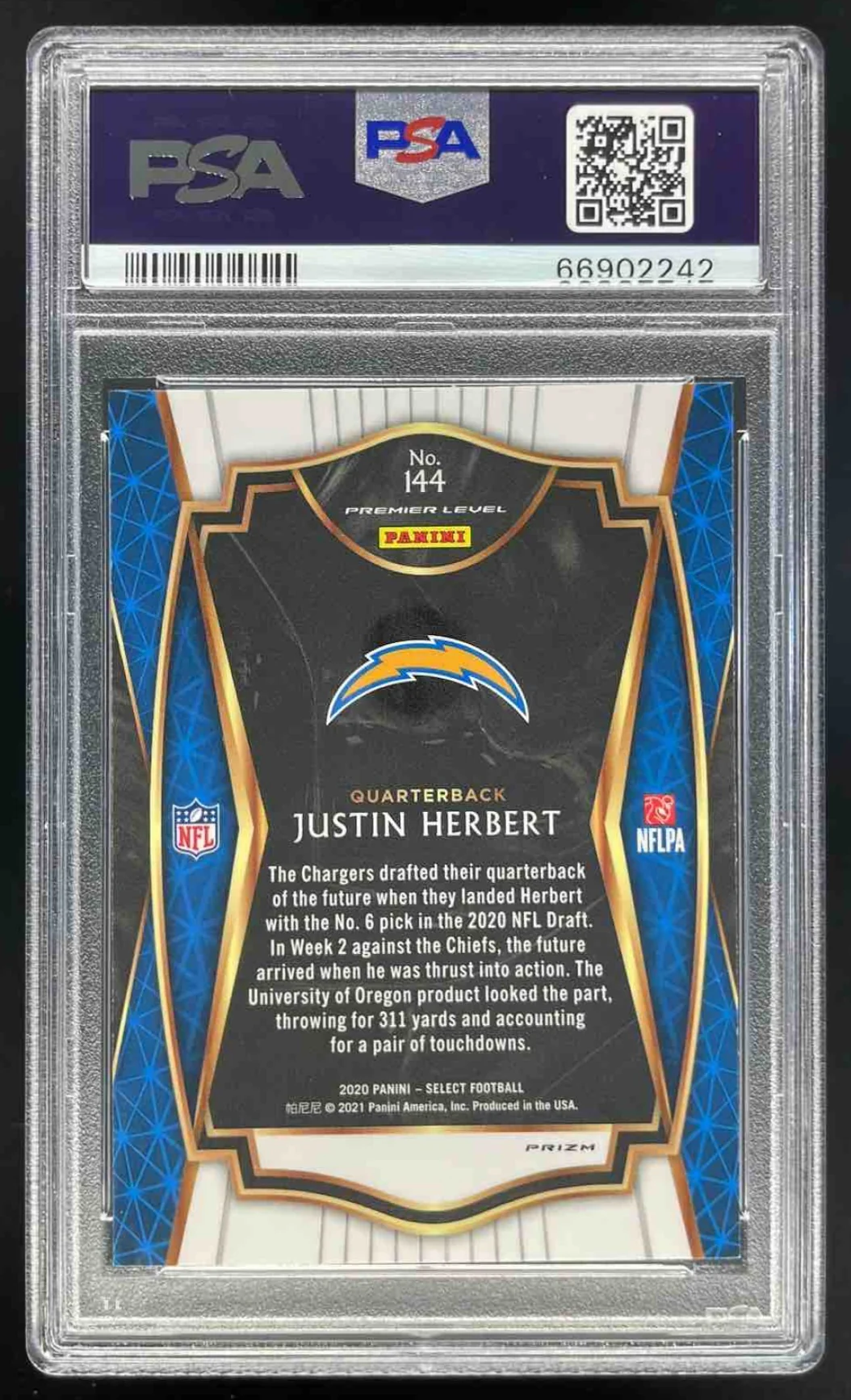 2020 Panini Select Silver Prizm #144 Justin Herbert RC Premier Level PSA 9 - Image 2