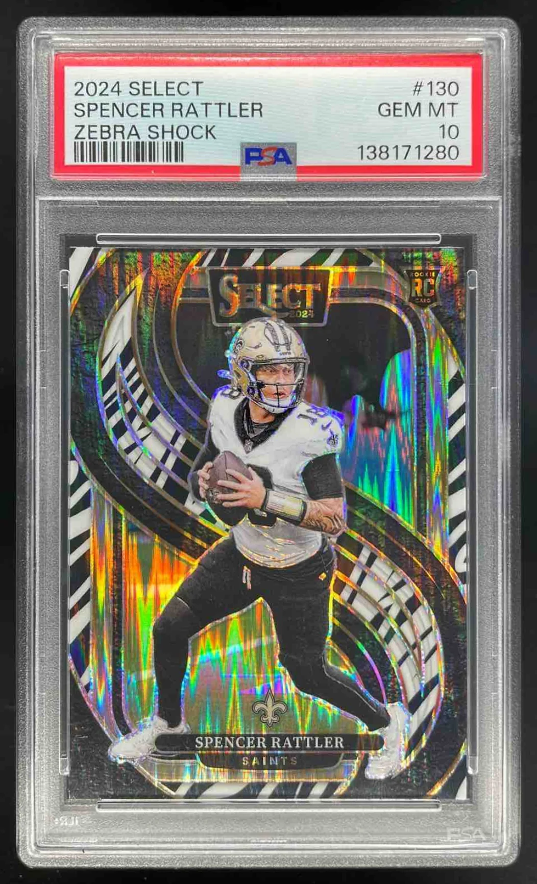 2024 Panini Select Premier Zebra Prizm Shock #130 Spencer Rattler RC PSA 10