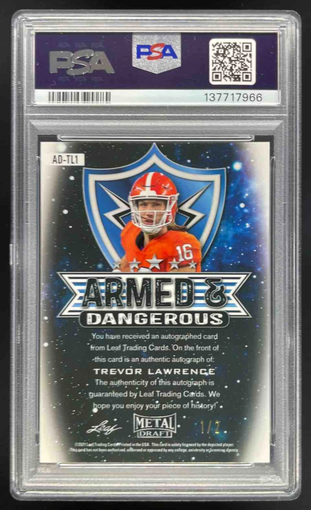 2021 Leaf Metal Armed & Dangerous Mojo Orange Trevor Lawrence RC Auto /2 PSA 10 - Image 2