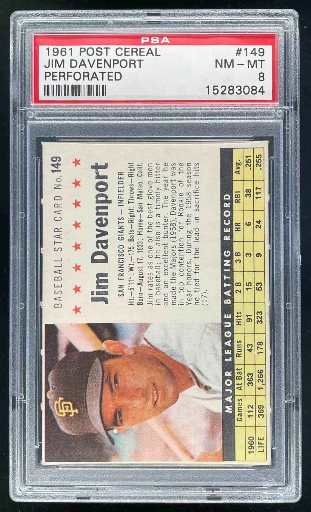 1961 Post Cereal Perforated #149 Jim Davenport PSA 8