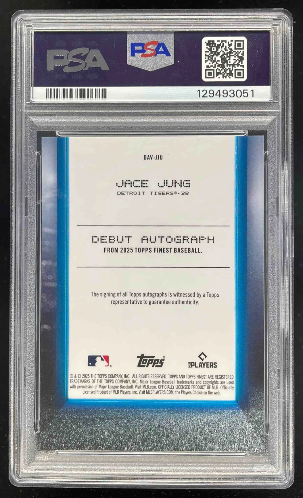 2025 Topps Finest Debut Autograph #DAV-JJU Jace Jung RC Auto PSA 10 - Image 2