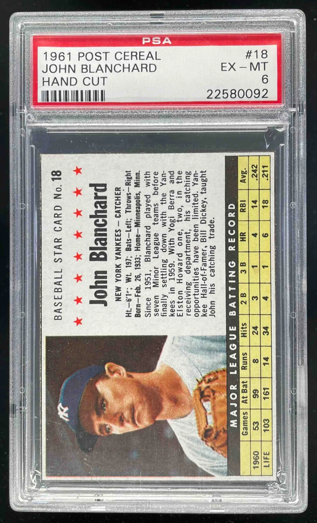 1961 Post Cereal Hand Cut #18 John Blanchard PSA 6