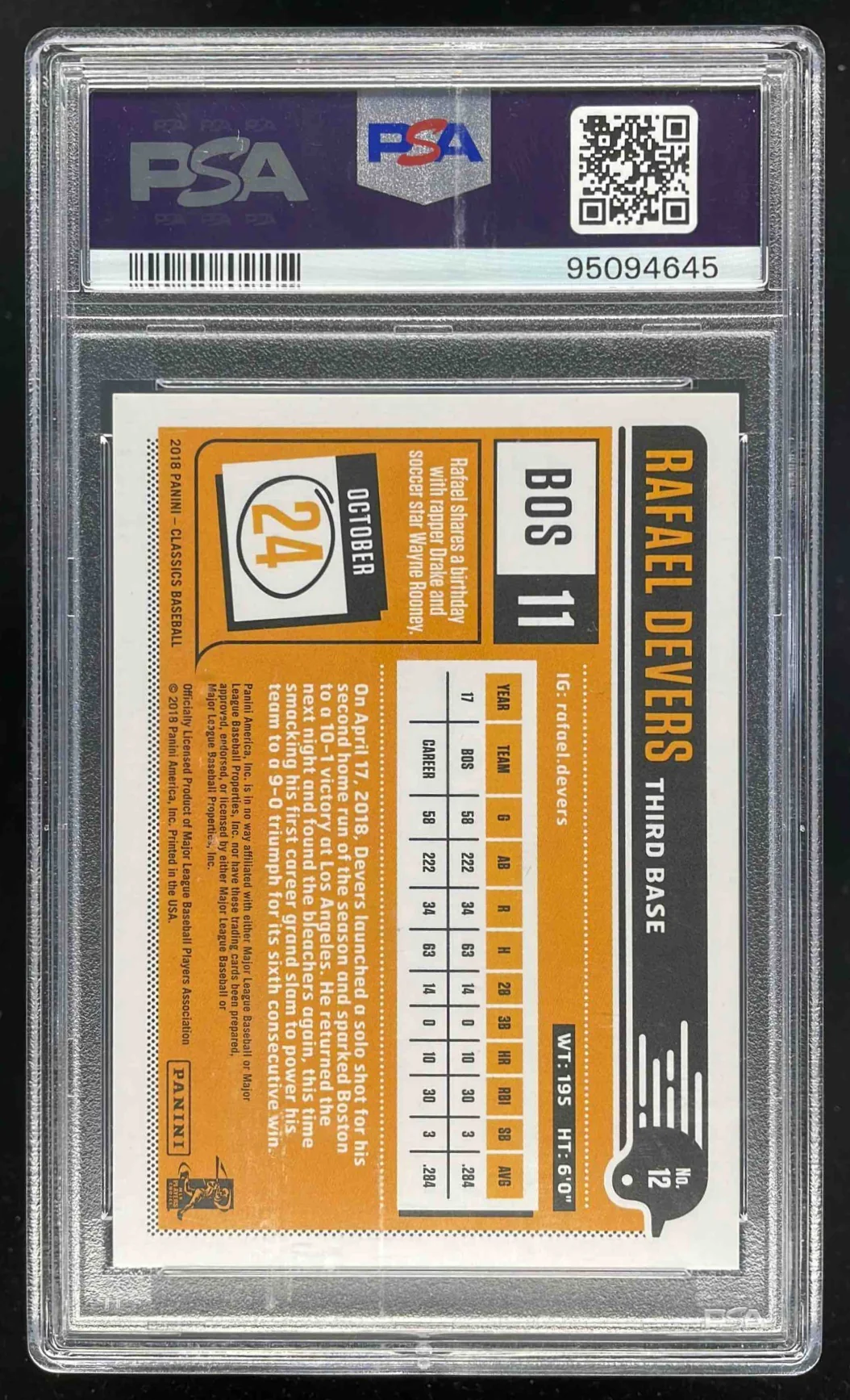 2018 Panini Chronicles Classics Red #12 Rafael Devers RC /25 PSA 10 - Image 2