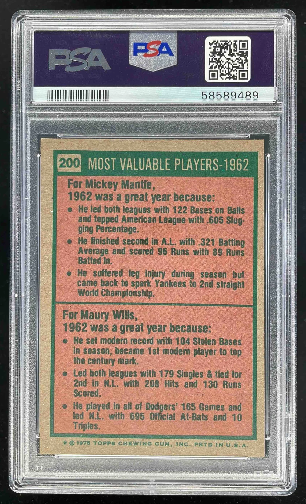 1975 Topps #200 1962 MVPs Mickey Mantle Maury Wills M PSA 6 - Image 2