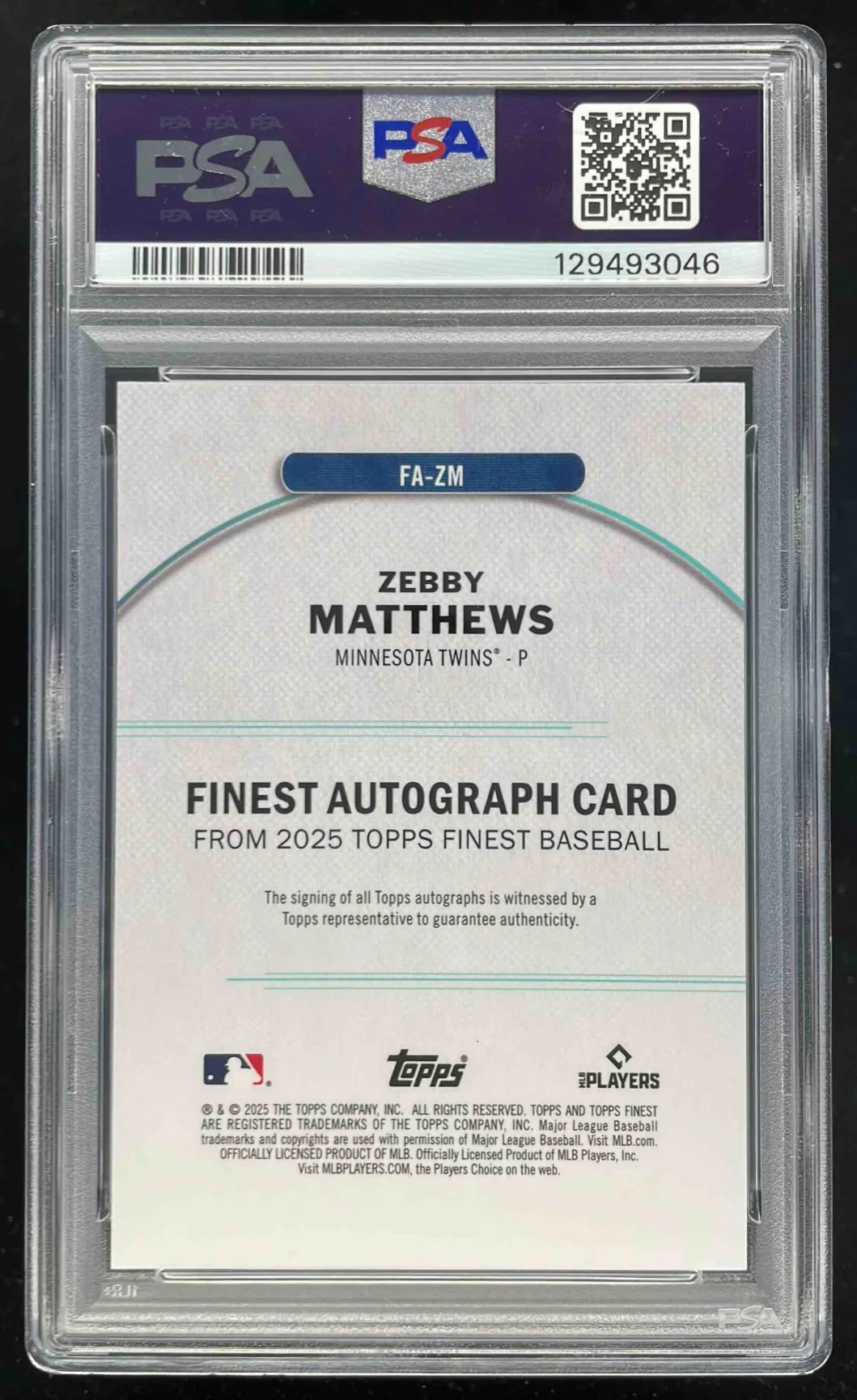 2025 Topps Finest Autograph #FA-ZM Zebby Matthews RC Auto PSA 10 - Image 2