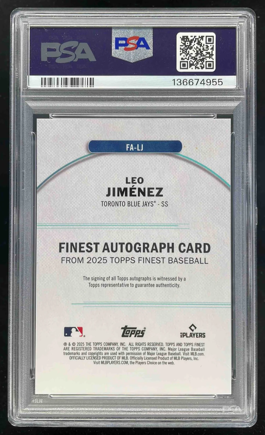 2025 Topps Finest Sky Blue #FA-LJ Leo Jimenez RC Auto /150 PSA 10 - Image 2