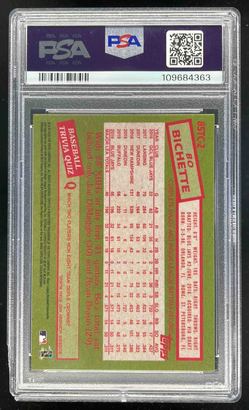 2020 Topps Chrome 1985 Topps Baseball #85TC-2 Bo Bichette RC PSA 10 - Image 2