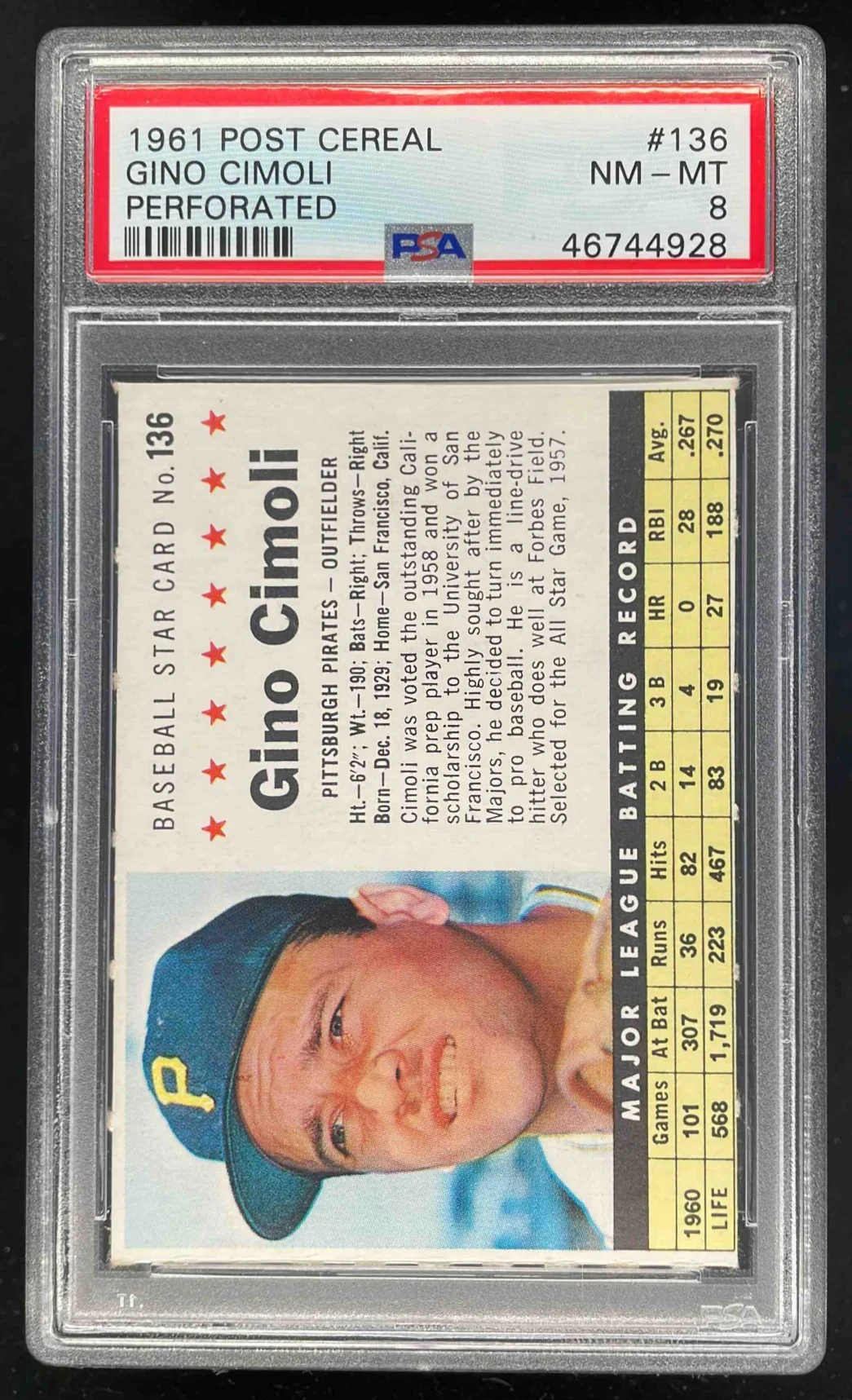 1961 Post Cereal Perforated #136 Gino Cimoli PSA 8