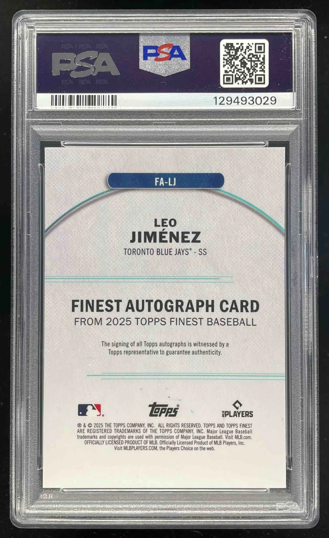 2025 Topps Finest Orange #FA-LJ Leo Jimenez RC Auto /25 PSA 10 - Image 2