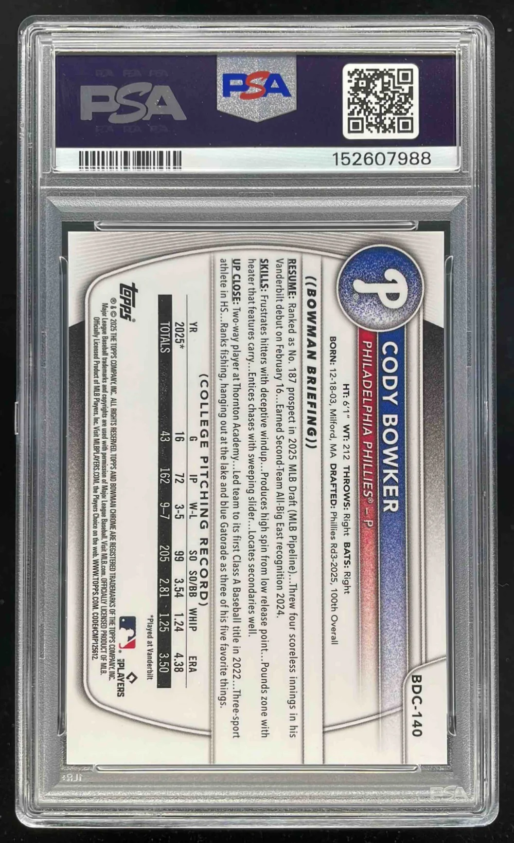 2025 Bowman Draft Chrome Red Geometric #BDC-140 Cody Bowker RC /5 PSA 9 - Image 2