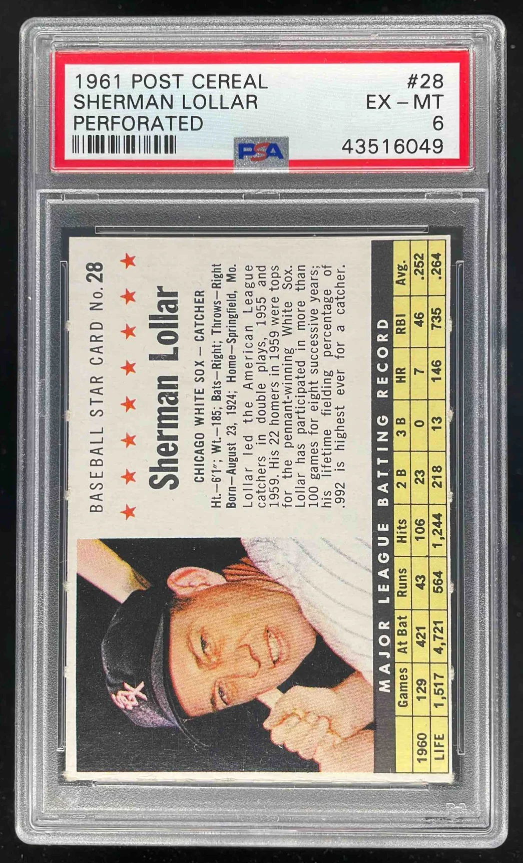 1961 Post Cereal Perforated #28 Sherman Lollar PSA 6