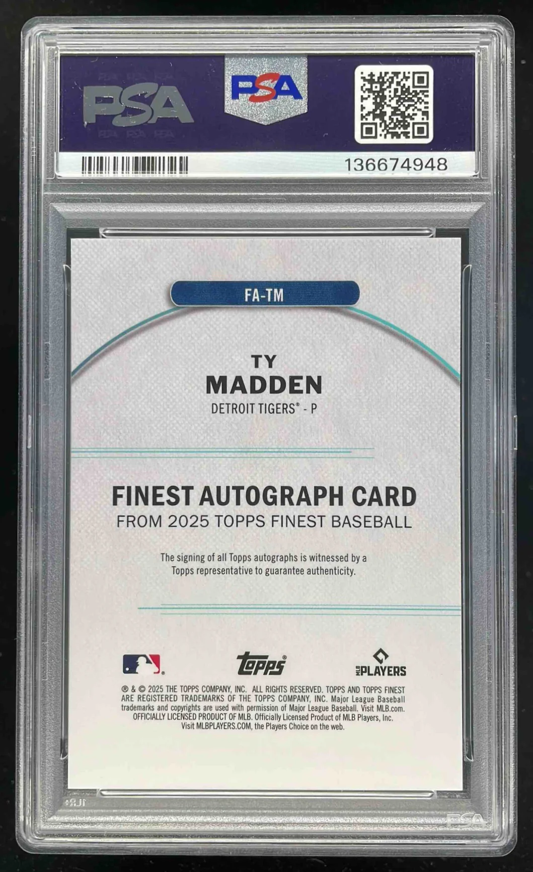 2025 Topps Finest Purple #FA-TM Ty Madden RC Auto /125 PSA 10 - Image 2