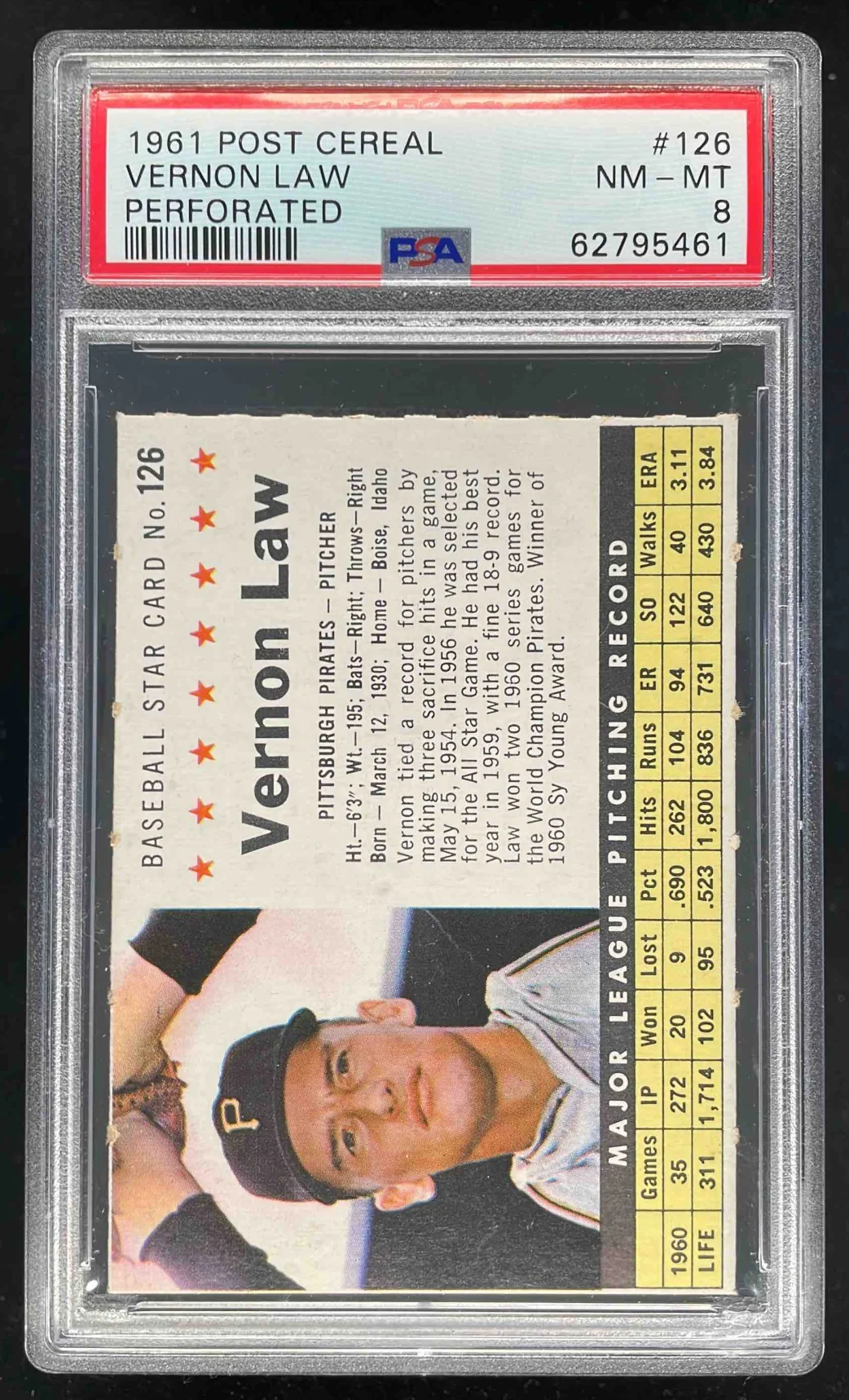 1961 Post Cereal Perforated #126 Vernon Law PSA 8