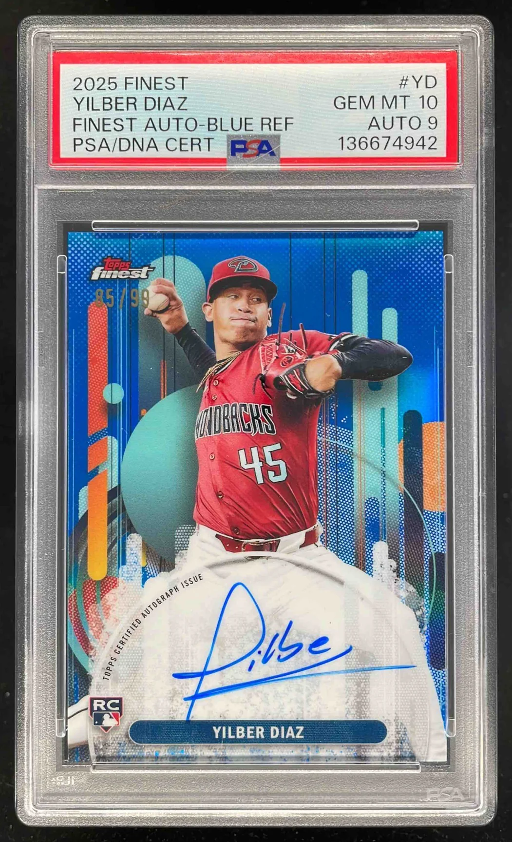 2025 Topps Finest Autograph Blue Refractor #FA-YD Yilber Diaz RC Auto /99 PSA 10