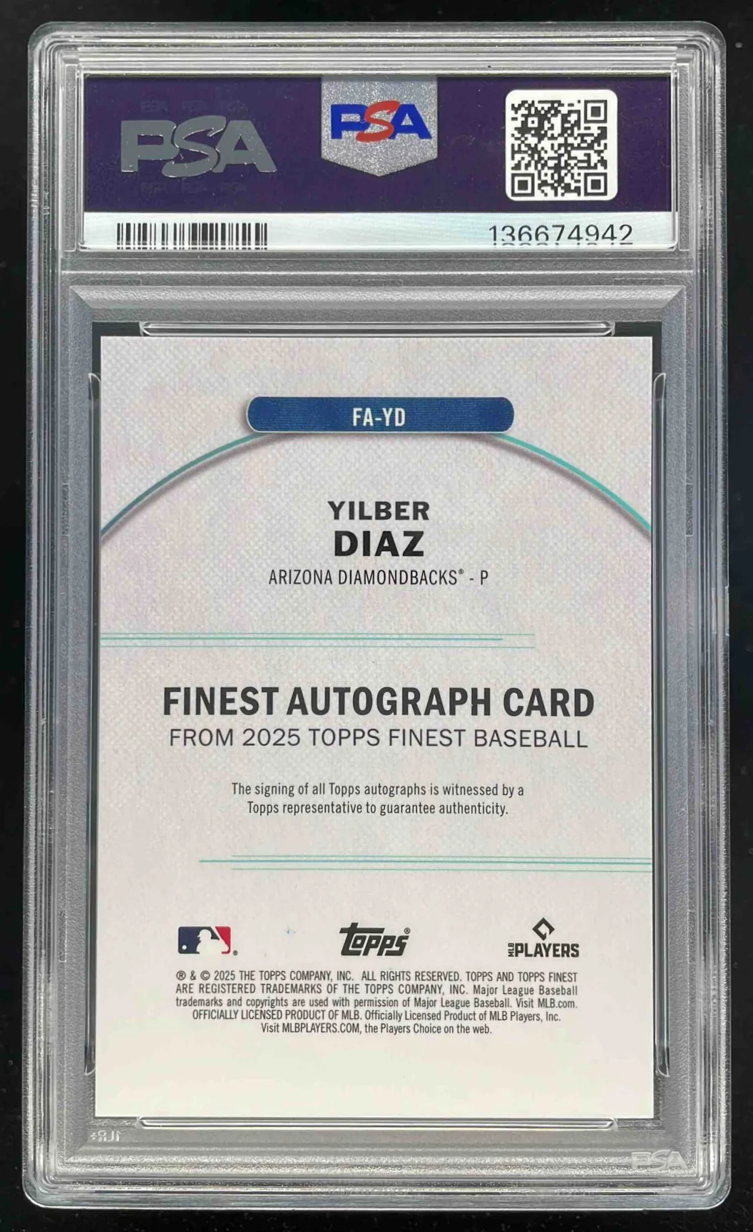 2025 Topps Finest Autograph Blue Refractor #FA-YD Yilber Diaz RC Auto /99 PSA 10 - Image 2