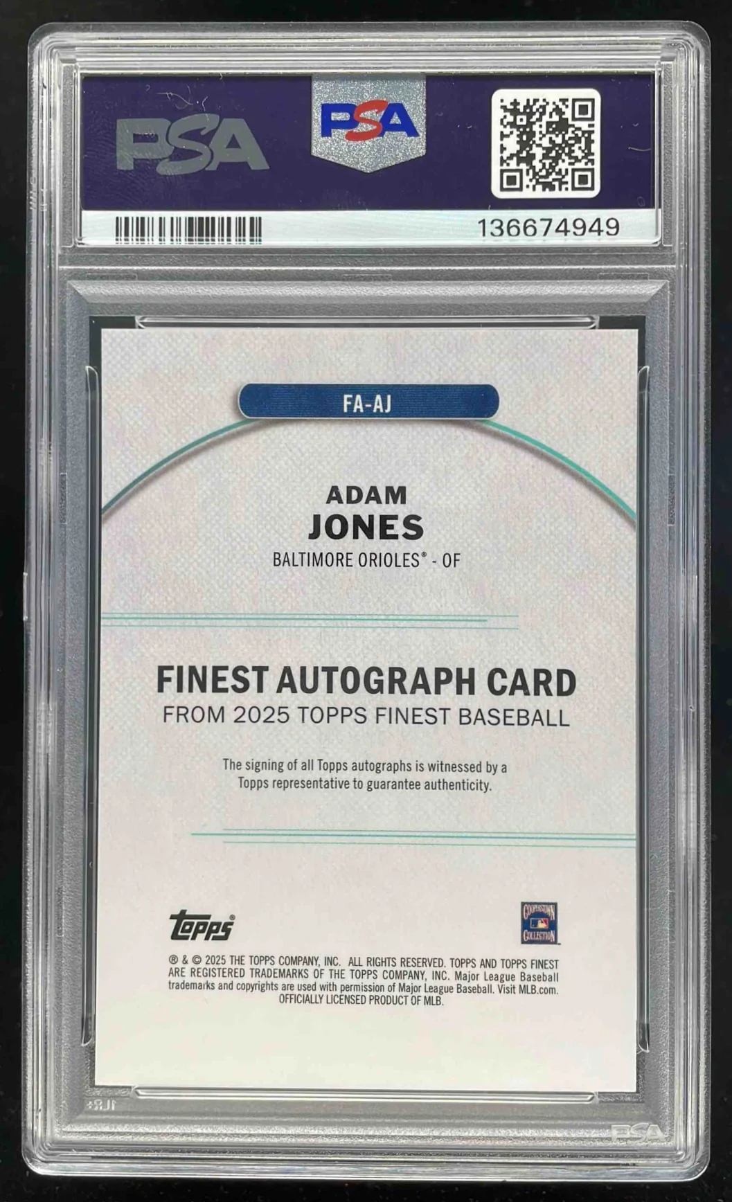 2025 Topps Finest Autograph Purple Refractor #FA-AJ Adam Jones Auto /125 PSA 10 - Image 2