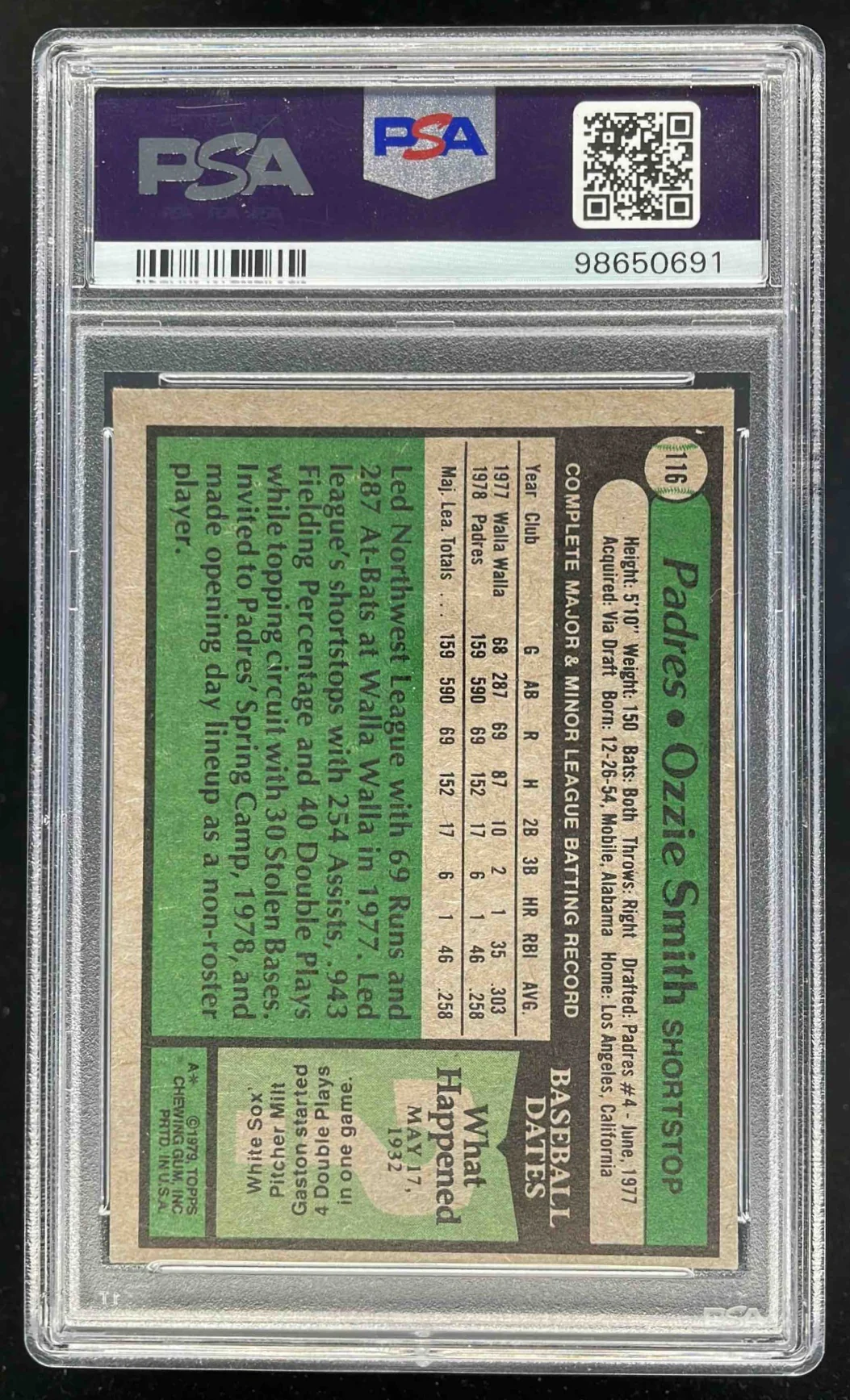 1979 Topps #116 Ozzie Smith RC PSA 5 - Image 2