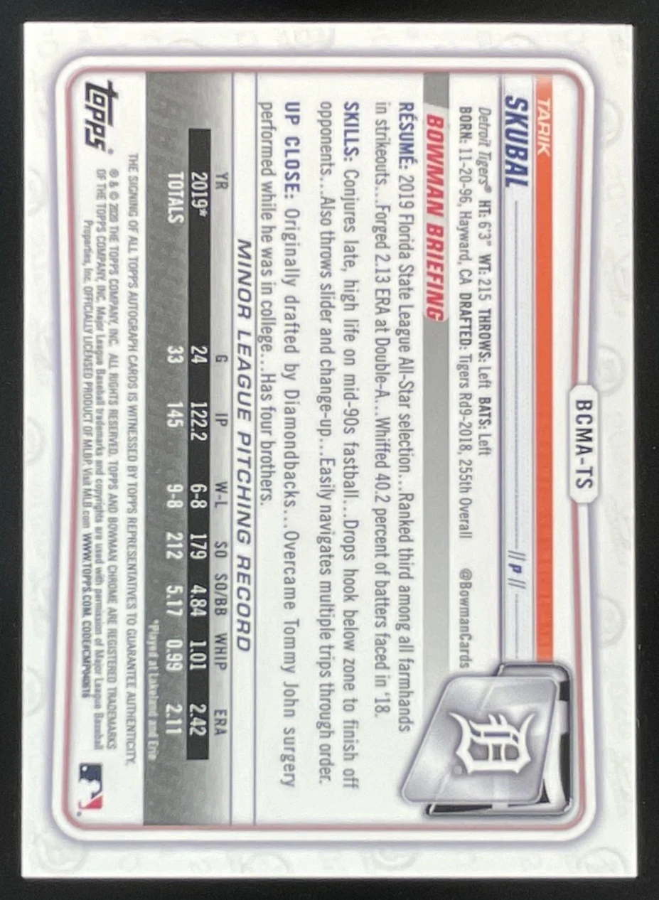 2020 Bowman Chrome Prospect Autographs Mojo Refractor #BCMA-TS Tarik Skubal Auto - Image 2