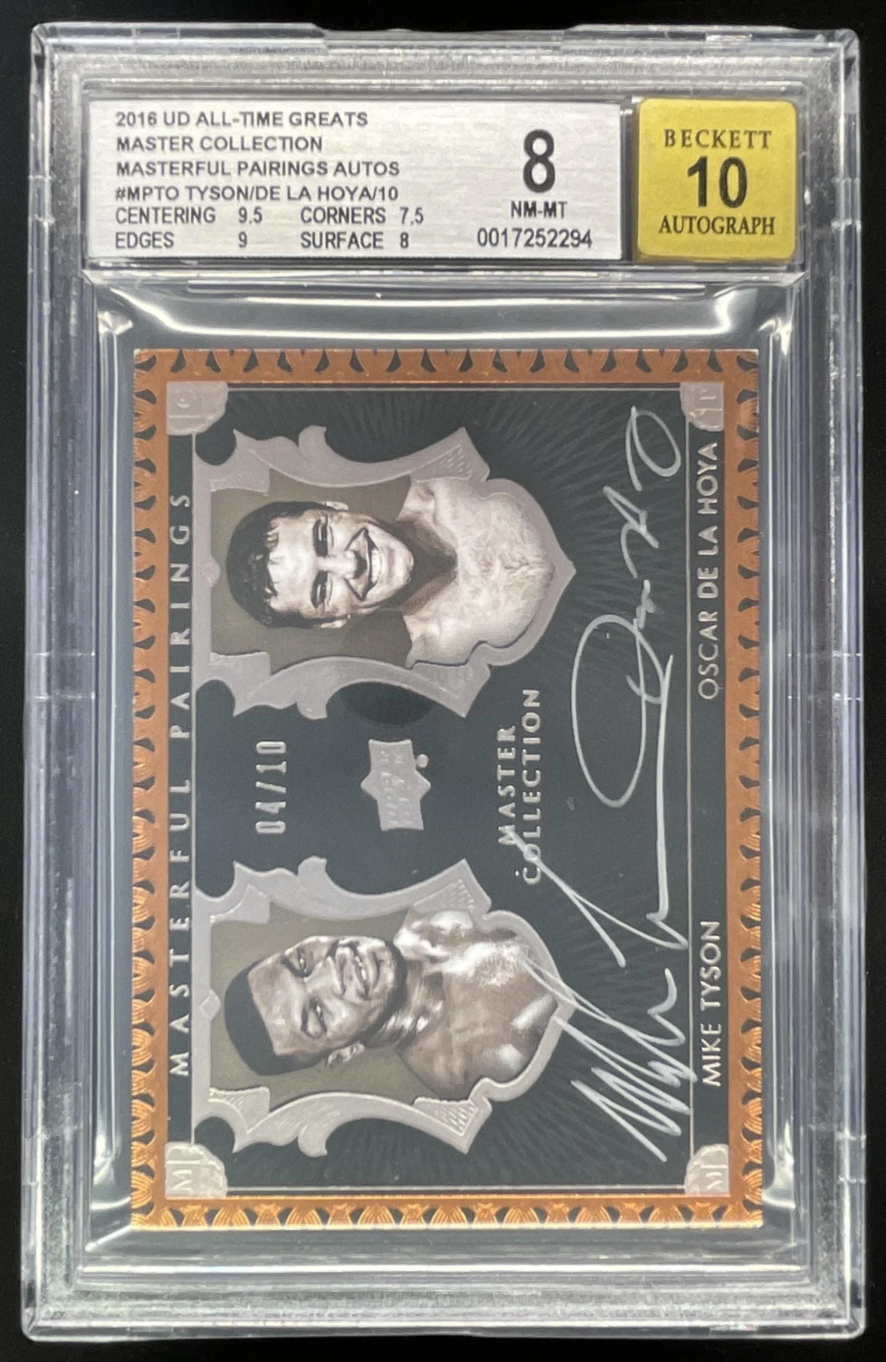 2016 UD All Time Greats Dual Auto Mike Tyson Oscar De La Hoya /10 BGS 8