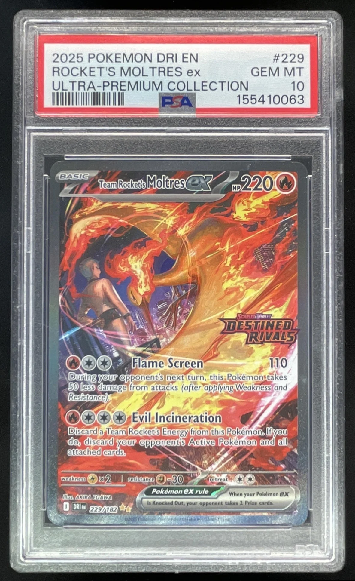 2025 Pokemon Destined Rivals #229/182 Team Rocket's Moltres ex PSA 10
