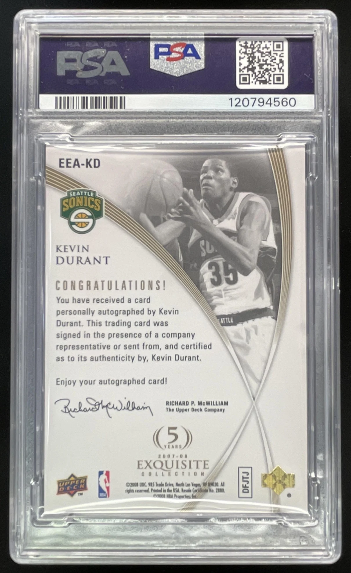 2007 Exquisite Collection Exclusives #EEA-KD Kevin Durant RC Auto /35 PSA 6 - Image 2