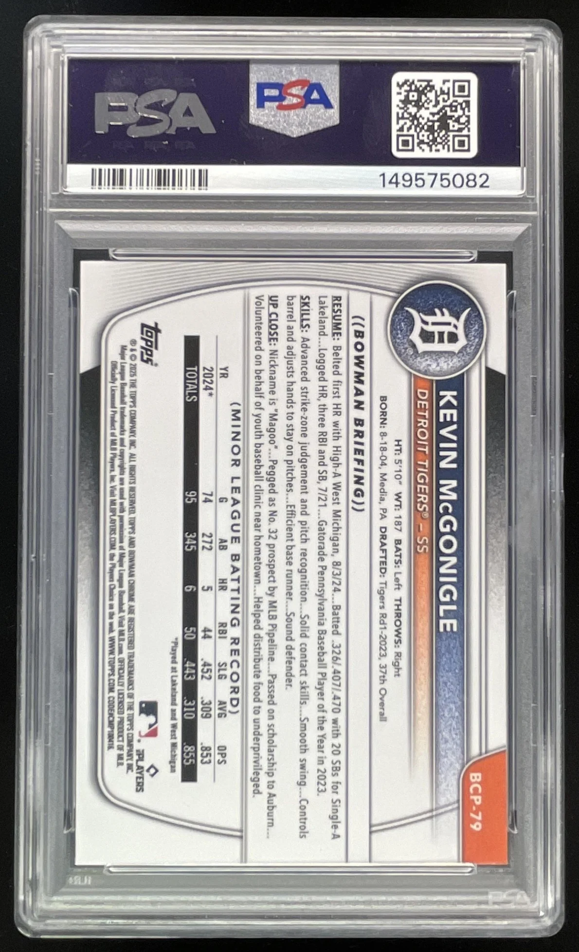 2025 Bowman Chrome Reptilian Refractor #BCP-79 Kevin McGonigle RC PSA 10 - Image 2